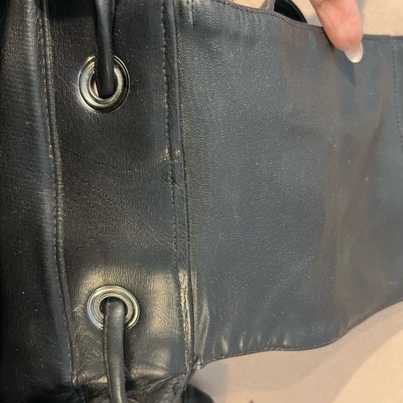 Perlina NY Black Leather Drawstring Magnetic Flap Closure Backpack Backzip Entry